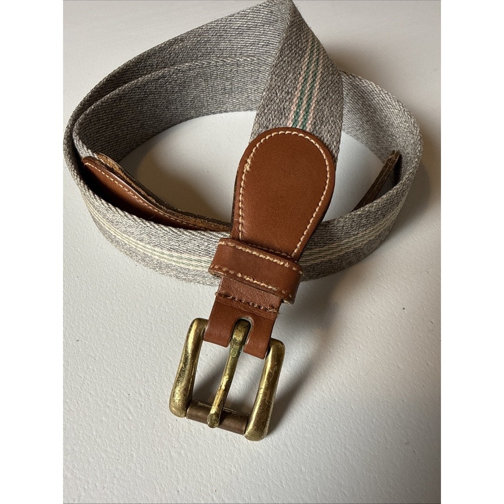 Dooney & Bourke Sz 34 Gray Striped Wool Leather Brass Surcingle Belt Preppy USA